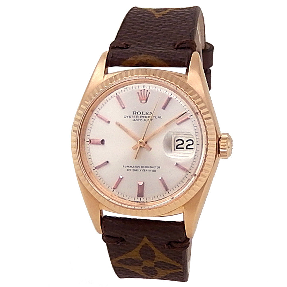 Rolex Datejust 18k Rose Gold Brown Leather Automatic Silver