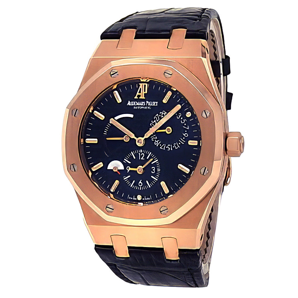 Audemars Piguet Royal Oak Dual Time 18k Rose Gold Black Leather