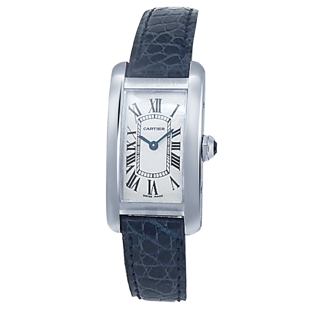 Cartier Tank Americaine 18k White Gold Blue Leather Quartz Silver