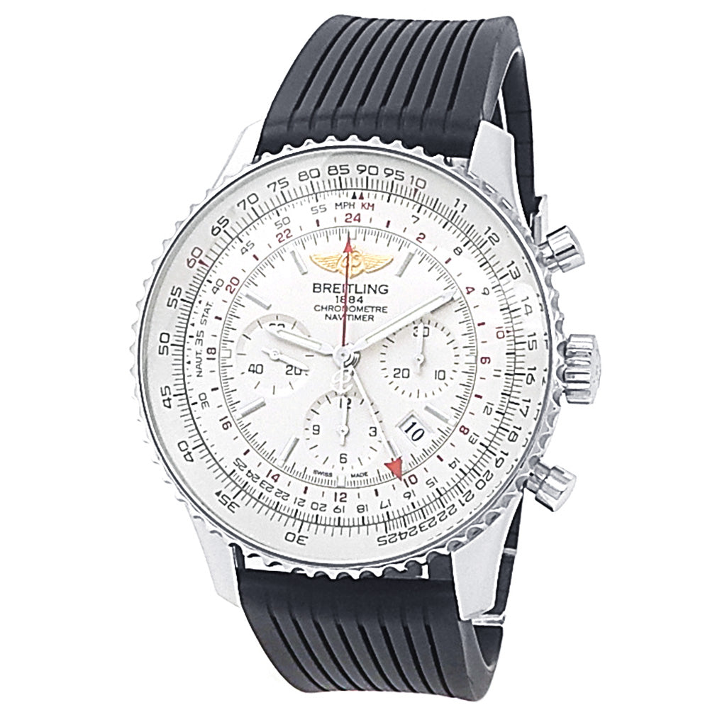 Breitling Navitimer B04 GMT Stainless Steel Black Rubber Automatic Silver Men s Watch AB0441 Midtown Watch Inc